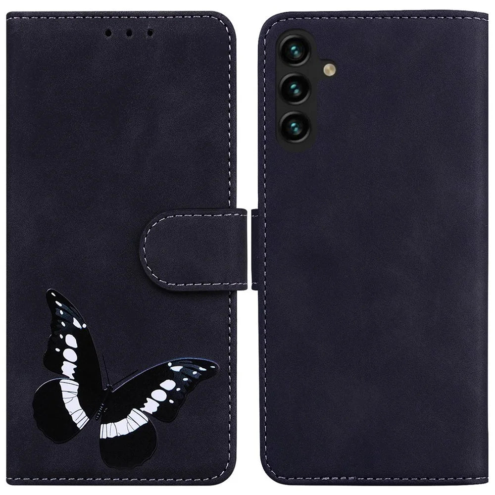 For Samsung Galaxy A14 5G / A14 4G Phone Wallet Case, Butterfly Pattern Printing PU Leather Skin-touch Cover with Stand - Black - 1