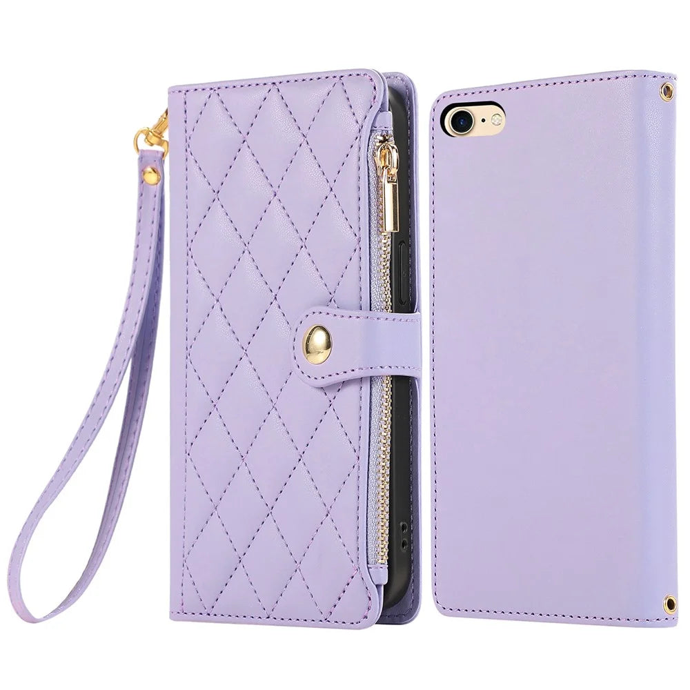 For iPhone 17e / 16e Case Multi Card Slots Zipper Rhombus Leather Phone Cover with Wrist Strap - Purple - 1