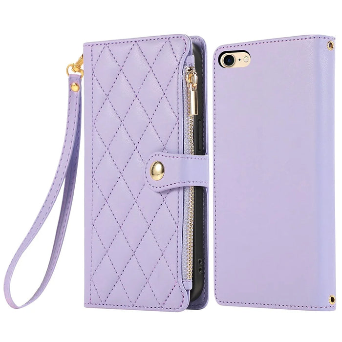 For iPhone 17e / 16e Case Multi Card Slots Zipper Rhombus Leather Phone Cover with Wrist Strap - Purple - 1