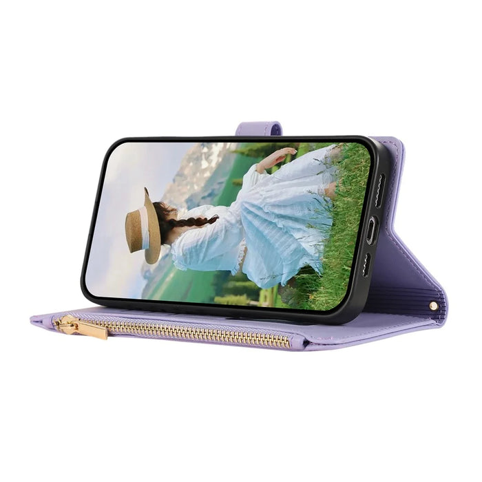 For iPhone 17e / 16e Case Multi Card Slots Zipper Rhombus Leather Phone Cover with Wrist Strap - Purple - 3