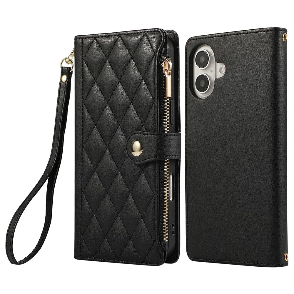 For iPhone 16 Case Multi Card Slots Zipper Rhombus Leather Phone Cover with Wrist Strap - Black - 1
