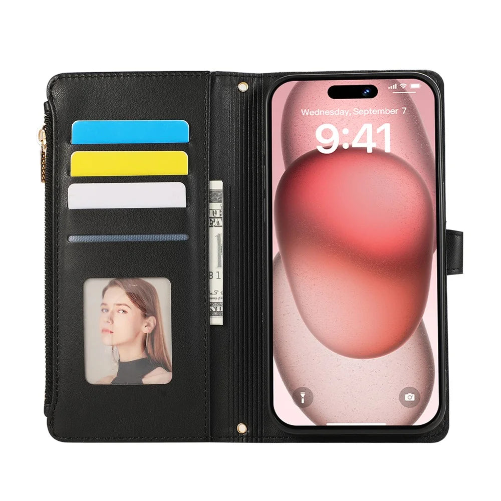 For iPhone 16 Case Multi Card Slots Zipper Rhombus Leather Phone Cover with Wrist Strap - Black - 2
