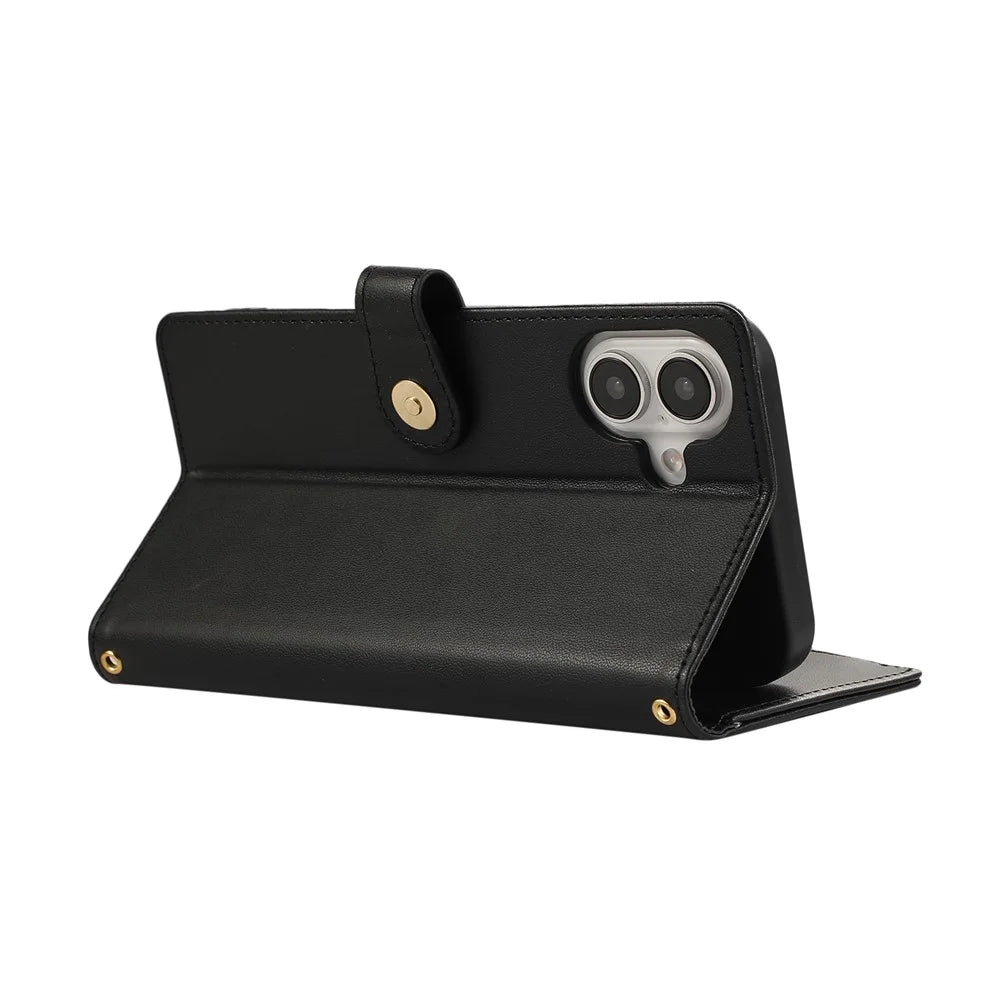For iPhone 16 Case Multi Card Slots Zipper Rhombus Leather Phone Cover with Wrist Strap - Black - 4