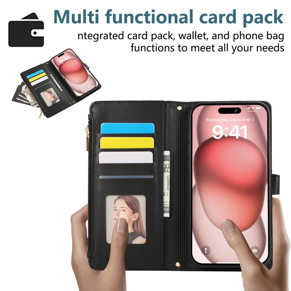 For iPhone 16 Case Multi Card Slots Zipper Rhombus Leather Phone Cover with Wrist Strap - Black - 6