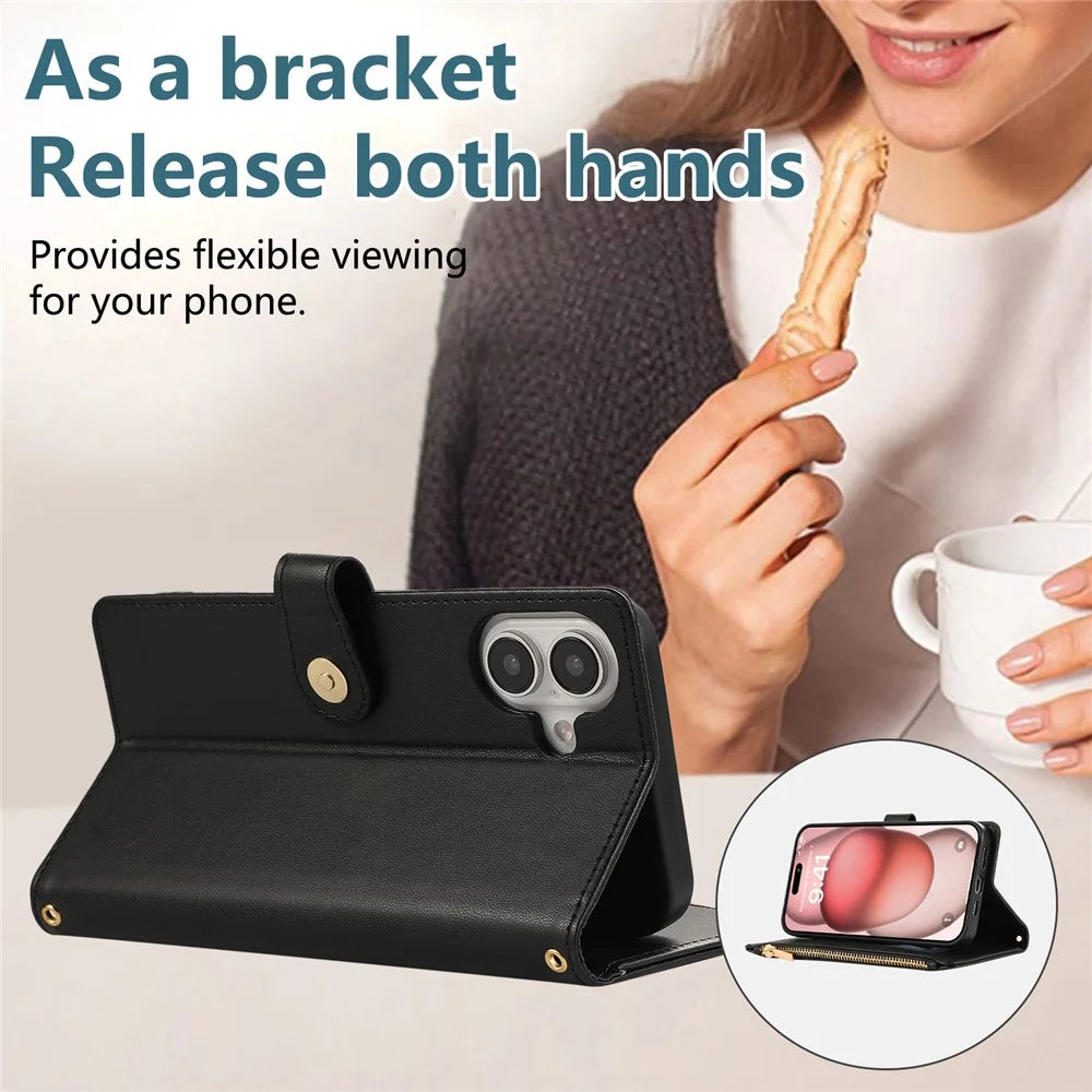 For iPhone 16 Case Multi Card Slots Zipper Rhombus Leather Phone Cover with Wrist Strap - Black - 7