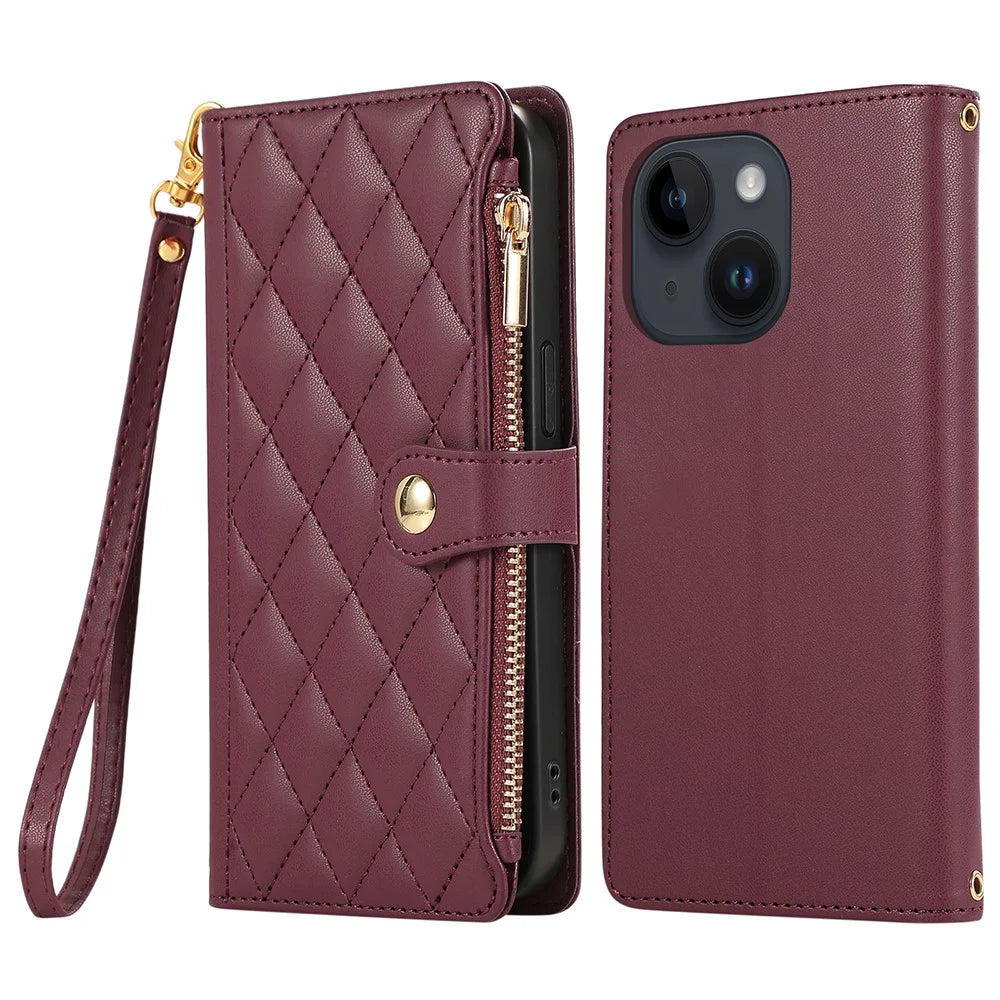 For iPhone 15 Case Multi Card Slots Zipper Rhombus Leather Phone Cover with Wrist Strap - Wine Red - 1
