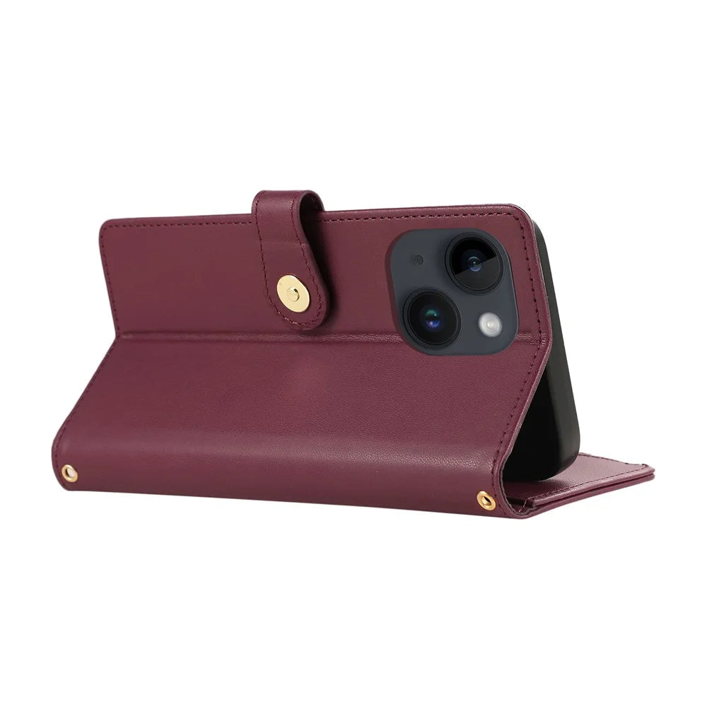 For iPhone 15 Case Multi Card Slots Zipper Rhombus Leather Phone Cover with Wrist Strap - Wine Red - 4