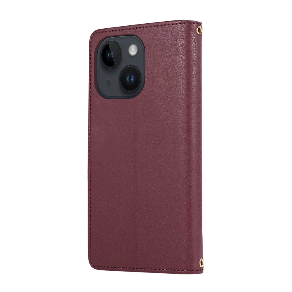 For iPhone 15 Case Multi Card Slots Zipper Rhombus Leather Phone Cover with Wrist Strap - Wine Red - 6