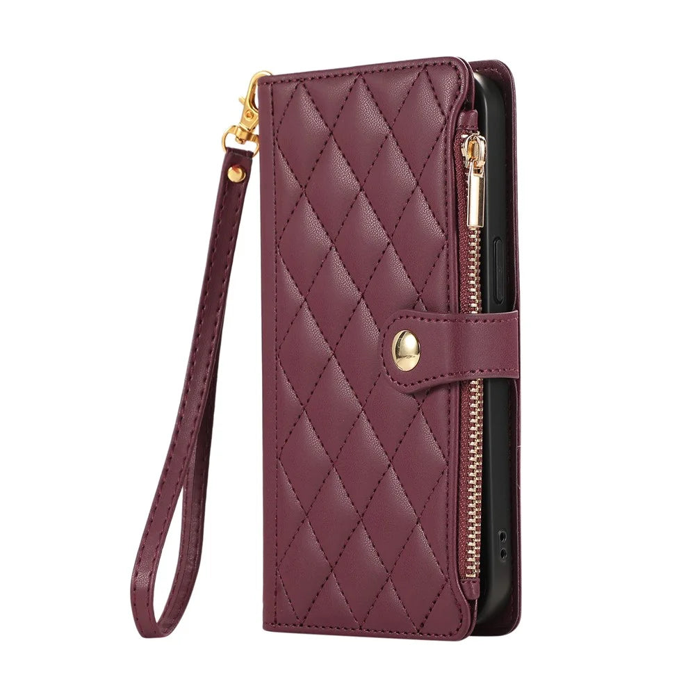 For iPhone 15 Case Multi Card Slots Zipper Rhombus Leather Phone Cover with Wrist Strap - Wine Red - 7