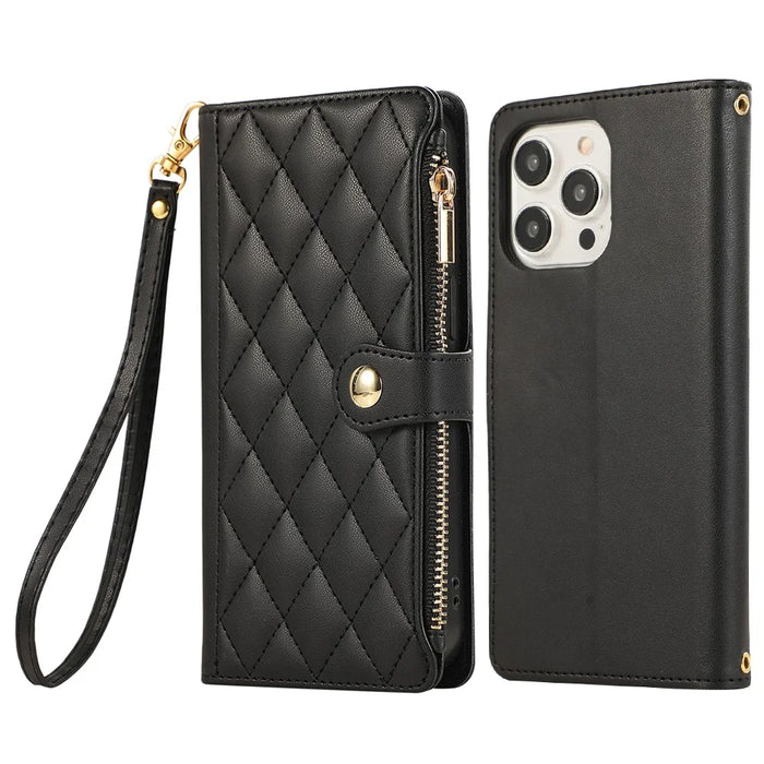 For iPhone 16 Pro Case Multi Card Slots Zipper Rhombus Leather Phone Cover with Wrist Strap - Black - 1