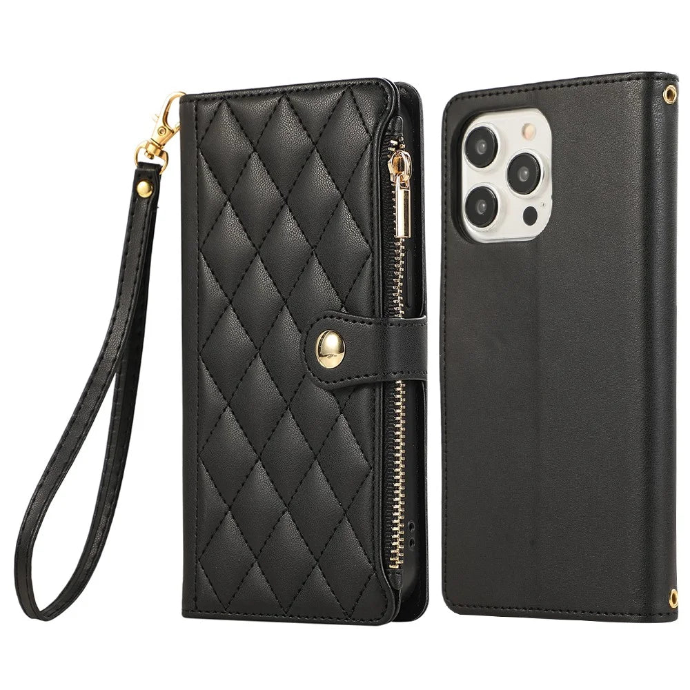 For iPhone 16 Pro Max Case Multi Card Slots Zipper Rhombus Leather Phone Cover with Wrist Strap - Black - 1
