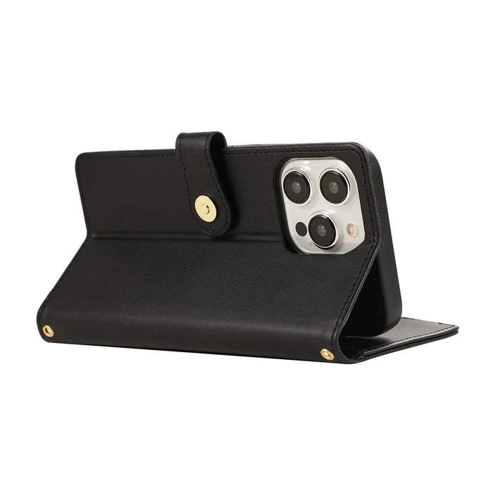 For iPhone 16 Pro Max Case Multi Card Slots Zipper Rhombus Leather Phone Cover with Wrist Strap - Black - 4
