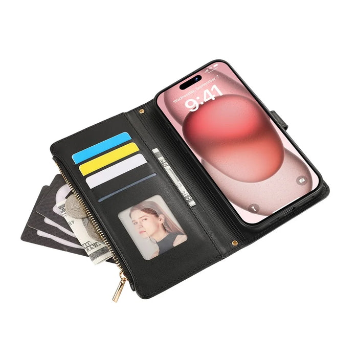 For iPhone 15 Pro Case Multi Card Slots Zipper Rhombus Leather Phone Cover with Wrist Strap - Black - 2