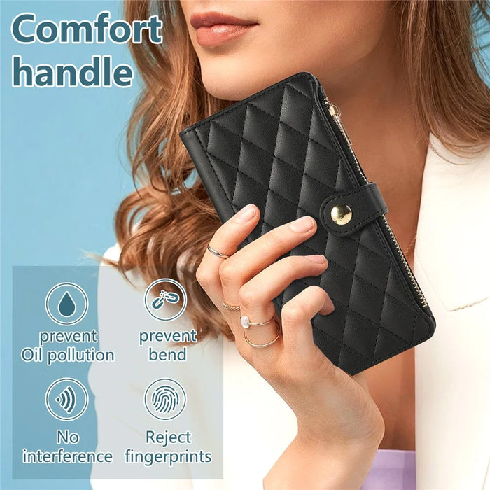 For iPhone 15 Pro Case Multi Card Slots Zipper Rhombus Leather Phone Cover with Wrist Strap - Black - 7