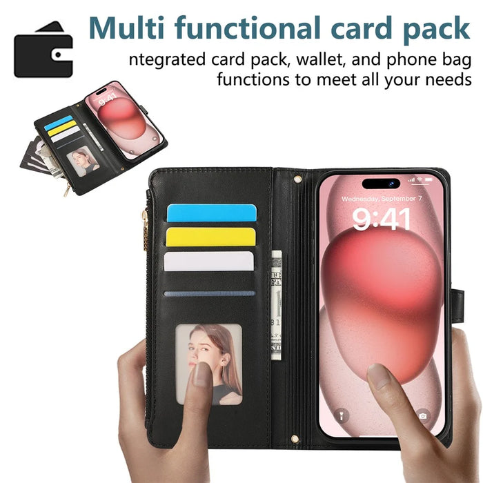 For iPhone 15 Pro Max Case Multi Card Slots Zipper Rhombus Leather Phone Cover with Wrist Strap - Black - 5