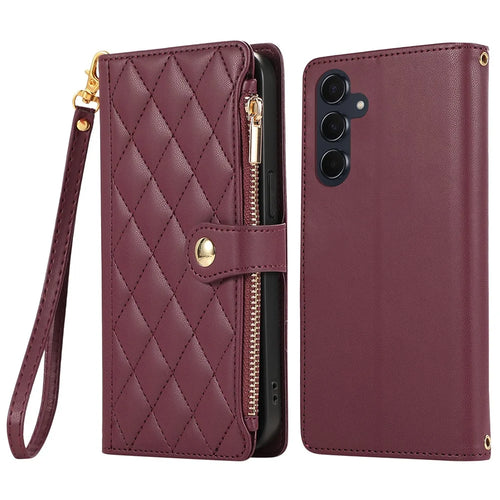 For Samsung Galaxy S25 / S24 Case Multi Card Slots Zipper Rhombus Leather Phone Cover with Wrist Strap - Wine Red - 1