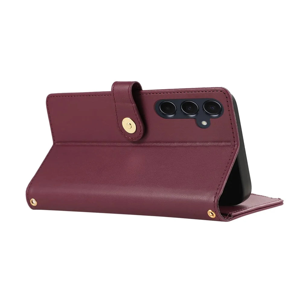 For Samsung Galaxy S25+ / S24+ Case Multi Card Slots Zipper Rhombus Leather Phone Cover with Wrist Strap - Wine Red - 4