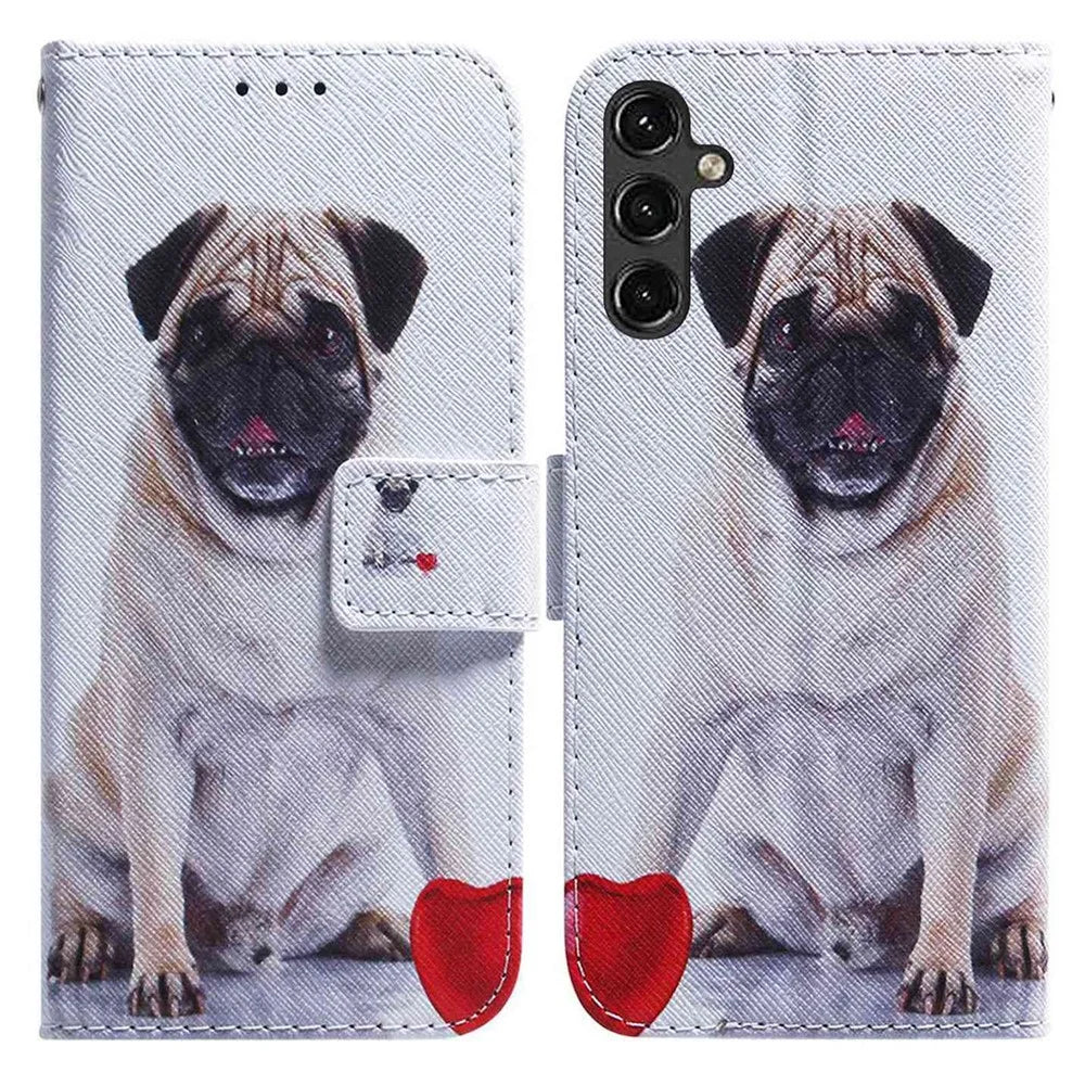 For Samsung Galaxy A14 5G / A14 4G Magnetic Closure PU Leather Pattern Printing Flip Cover Wallet Stand Folio Phone Case Shell - Pug - 1