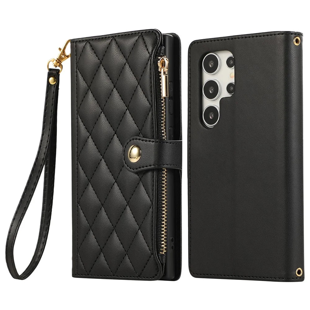 For Samsung Galaxy S24 Ultra Case Multi Card Slots Zipper Rhombus Leather Phone Cover with Wrist Strap - Black - 1
