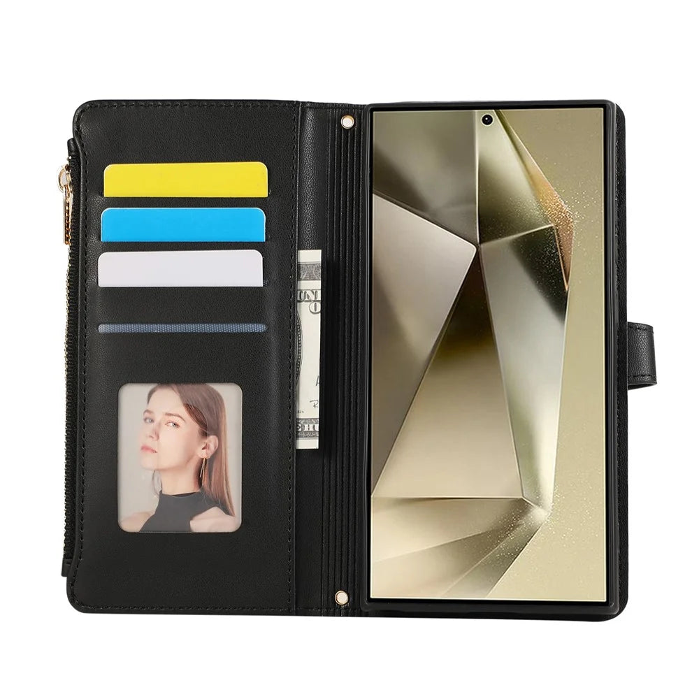 For Samsung Galaxy S24 Ultra Case Multi Card Slots Zipper Rhombus Leather Phone Cover with Wrist Strap - Black - 2