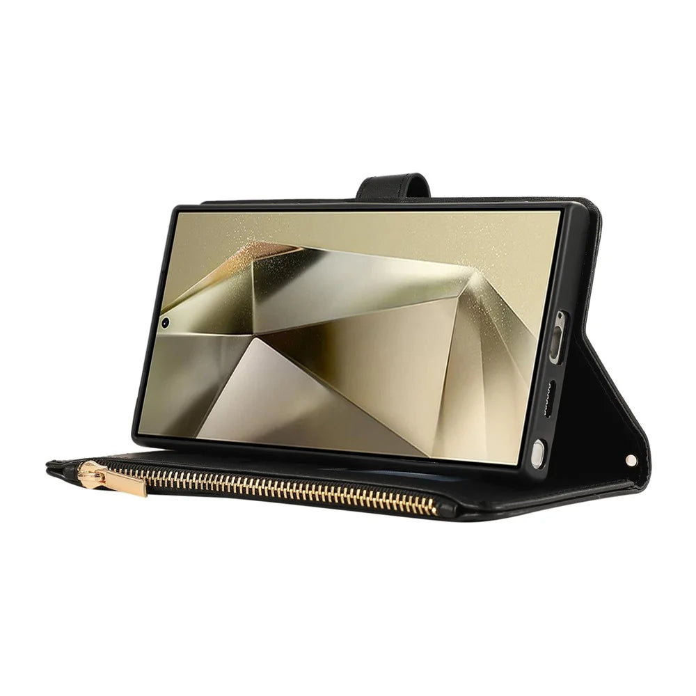 For Samsung Galaxy S24 Ultra Case Multi Card Slots Zipper Rhombus Leather Phone Cover with Wrist Strap - Black - 3