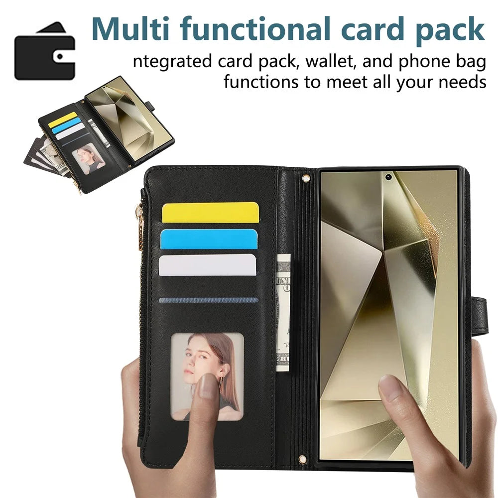For Samsung Galaxy S24 Ultra Case Multi Card Slots Zipper Rhombus Leather Phone Cover with Wrist Strap - Black - 7