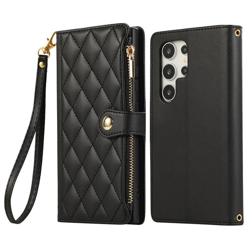 For Samsung Galaxy S25 Ultra Case Multi Card Slots Zipper Rhombus Leather Phone Cover with Wrist Strap - Black - 1