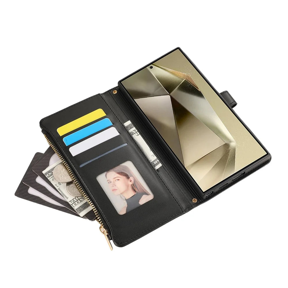 For Samsung Galaxy S25 Ultra Case Multi Card Slots Zipper Rhombus Leather Phone Cover with Wrist Strap - Black - 5