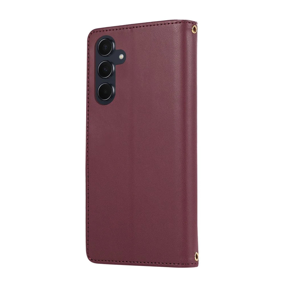 For Samsung Galaxy A36 5G Case Multi Card Slots Zipper Rhombus Leather Phone Cover with Wrist Strap - Wine Red - 6