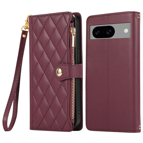 For Google Pixel 8a Case Multi Card Slots Zipper Rhombus Leather Phone Cover with Wrist Strap - Wine Red - 1