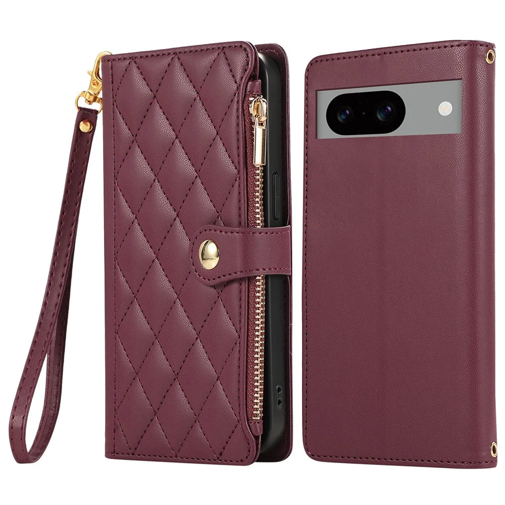 For Google Pixel 8a Case Multi Card Slots Zipper Rhombus Leather Phone Cover with Wrist Strap - Wine Red - 1