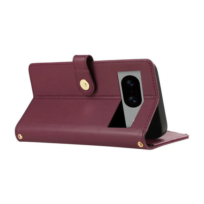 For Google Pixel 8a Case Multi Card Slots Zipper Rhombus Leather Phone Cover with Wrist Strap - Wine Red - 4