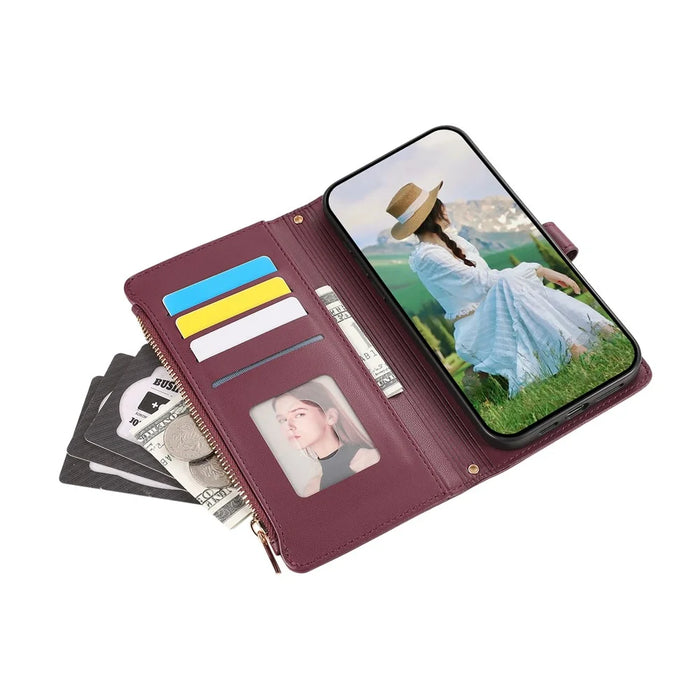 For Google Pixel 8a Case Multi Card Slots Zipper Rhombus Leather Phone Cover with Wrist Strap - Wine Red - 5