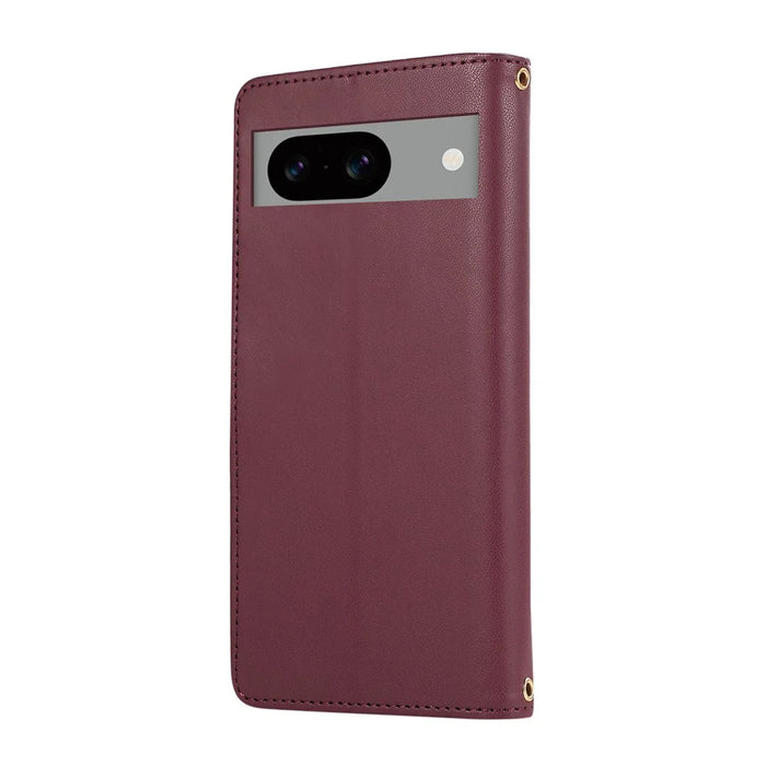 For Google Pixel 8a Case Multi Card Slots Zipper Rhombus Leather Phone Cover with Wrist Strap - Wine Red - 6