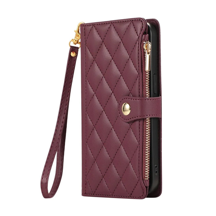 For Google Pixel 8a Case Multi Card Slots Zipper Rhombus Leather Phone Cover with Wrist Strap - Wine Red - 7