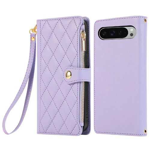 For Google Pixel 9 Pro XL Case Multi Card Slots Zipper Rhombus Leather Phone Cover with Wrist Strap - Purple - 1