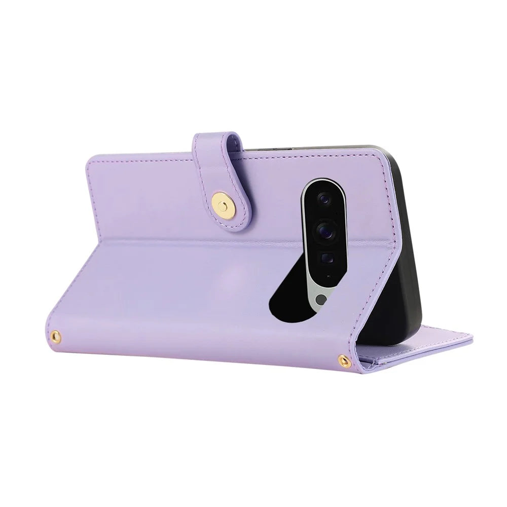 For Google Pixel 9 Pro XL Case Multi Card Slots Zipper Rhombus Leather Phone Cover with Wrist Strap - Purple - 4