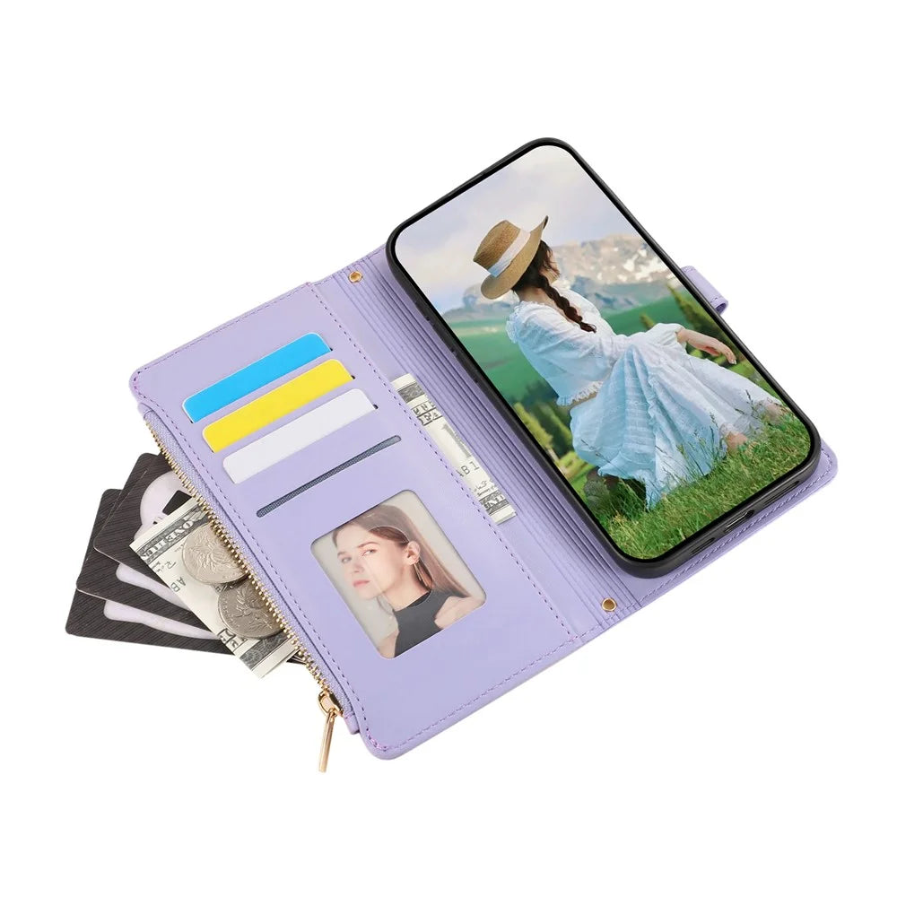 For Google Pixel 9 Pro XL Case Multi Card Slots Zipper Rhombus Leather Phone Cover with Wrist Strap - Purple - 5