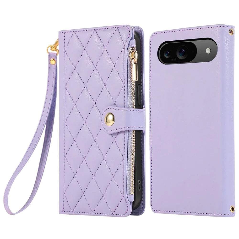 For Google Pixel 9 / 9 Pro Case Multi Card Slots Zipper Rhombus Leather Phone Cover with Wrist Strap - Purple - 1