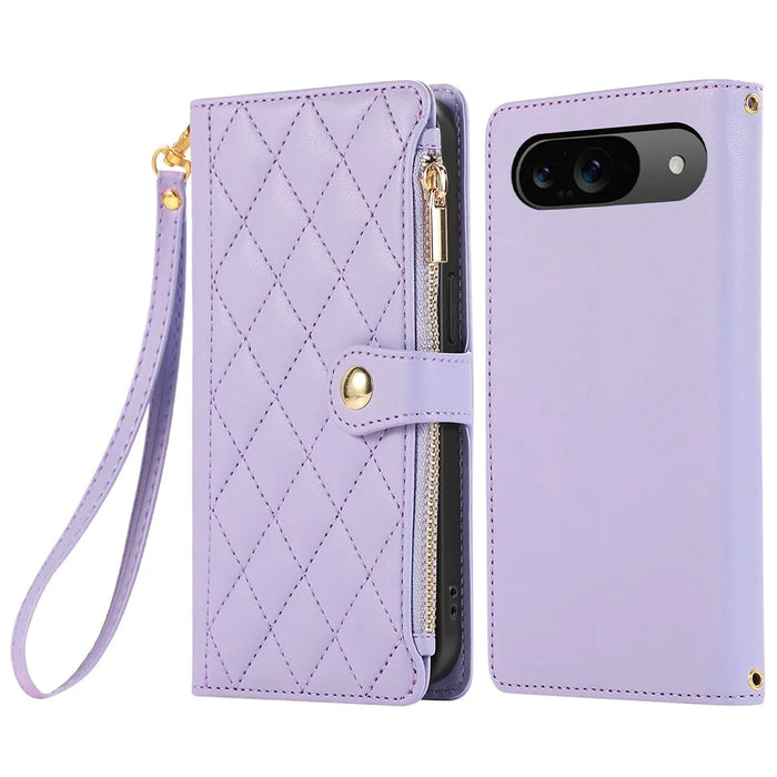 For Google Pixel 9 / 9 Pro Case Multi Card Slots Zipper Rhombus Leather Phone Cover with Wrist Strap - Purple - 1