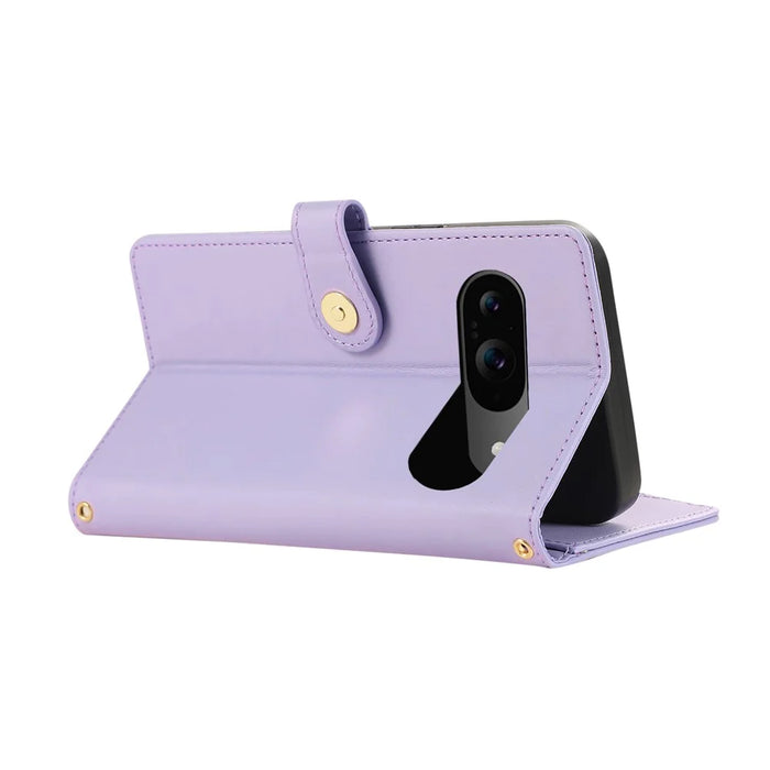 For Google Pixel 9 / 9 Pro Case Multi Card Slots Zipper Rhombus Leather Phone Cover with Wrist Strap - Purple - 4