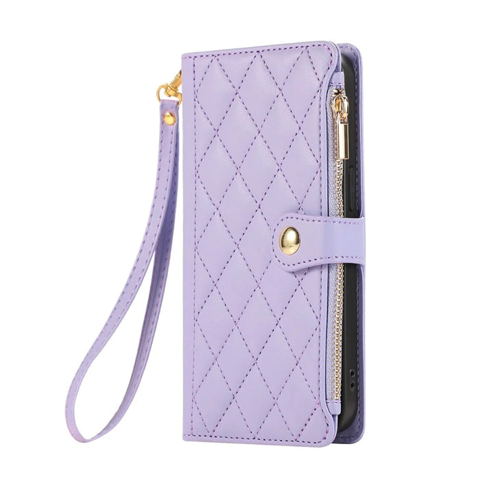 For Google Pixel 9 / 9 Pro Case Multi Card Slots Zipper Rhombus Leather Phone Cover with Wrist Strap - Purple - 6
