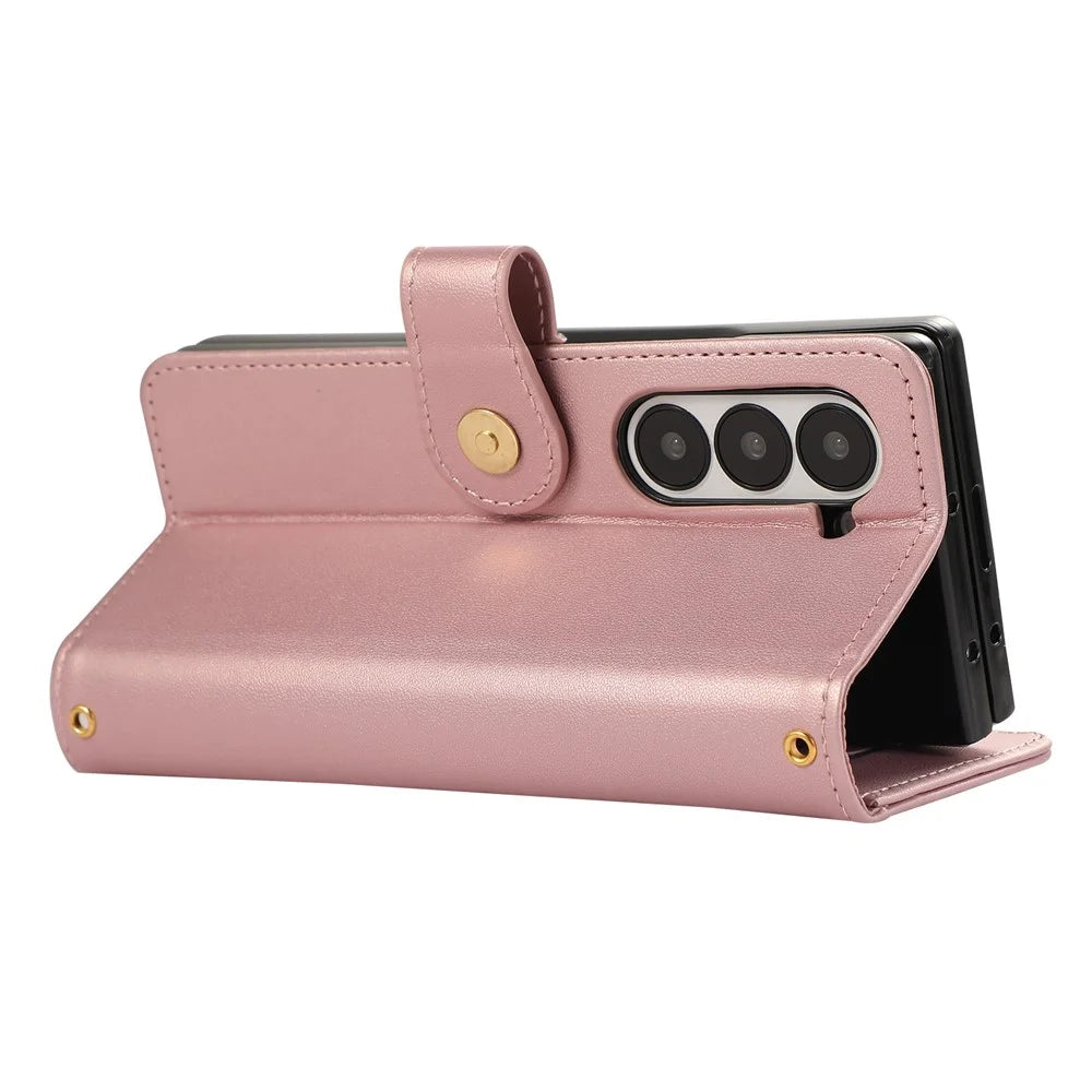 For Samsung Galaxy Z Fold6 5G Case Multi Card Slots Zipper Rhombus Leather Phone Cover with Wrist Strap - Rose Gold - 4