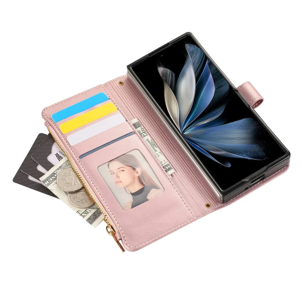 For Samsung Galaxy Z Fold6 5G Case Multi Card Slots Zipper Rhombus Leather Phone Cover with Wrist Strap - Rose Gold - 6