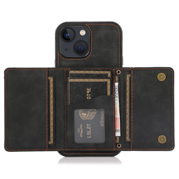For iPhone 15 Phone Case Tri-Fold Wallet Kickstand PU Leather + TPU Back Cover - Black - 3