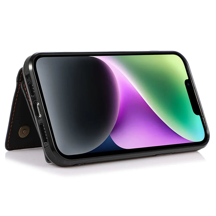 For iPhone 15 Phone Case Tri-Fold Wallet Kickstand PU Leather + TPU Back Cover - Black - 4