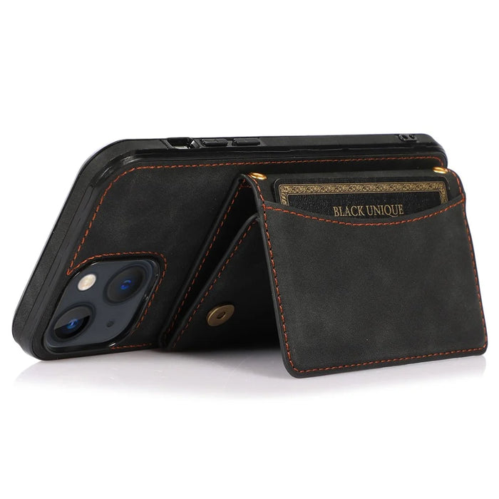 For iPhone 15 Phone Case Tri-Fold Wallet Kickstand PU Leather + TPU Back Cover - Black - 5