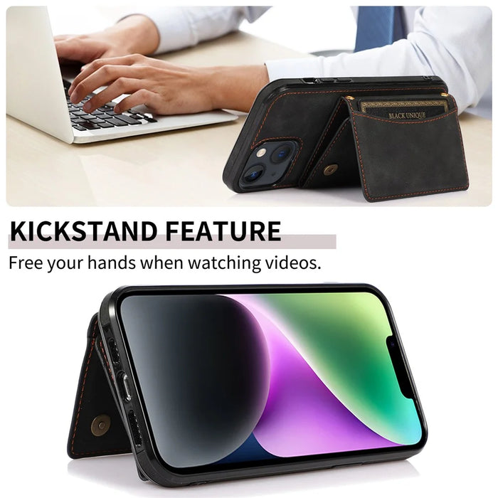 For iPhone 15 Phone Case Tri-Fold Wallet Kickstand PU Leather + TPU Back Cover - Black - 6