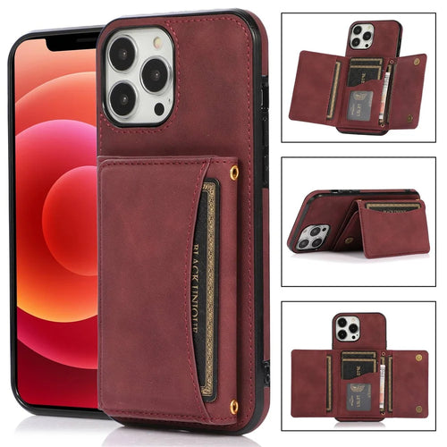 For iPhone 15 Pro Max Phone Case Tri-Fold Wallet Kickstand PU Leather + TPU Back Cover - Red - 1