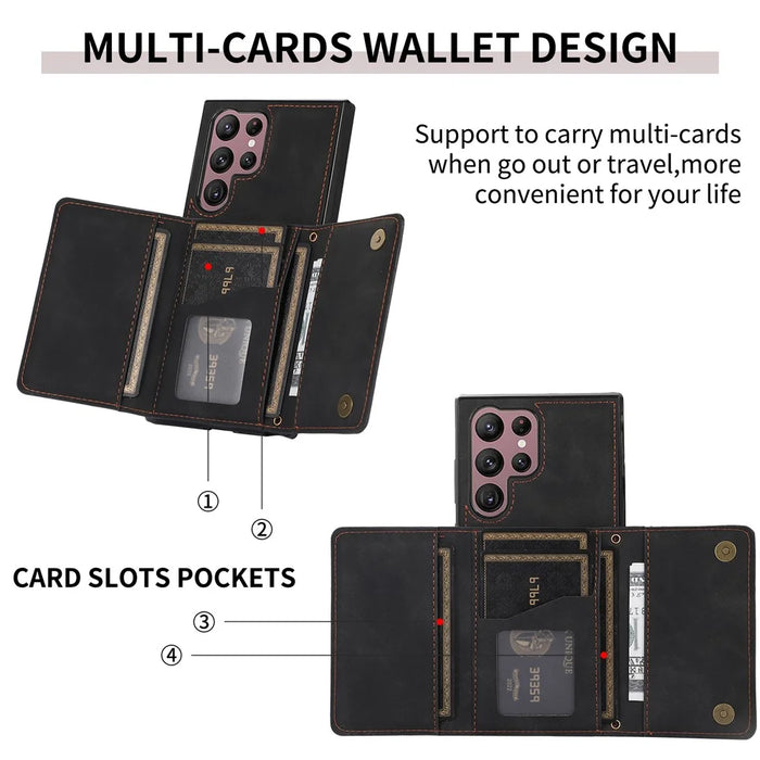 For Samsung Galaxy S24 Ultra Phone Case Tri-Fold Wallet Kickstand PU Leather + TPU Back Cover - Black - 5